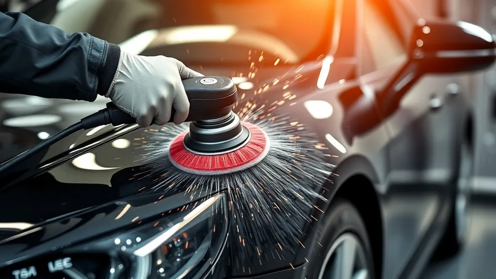 Professional car detailing process, worker using a polishing