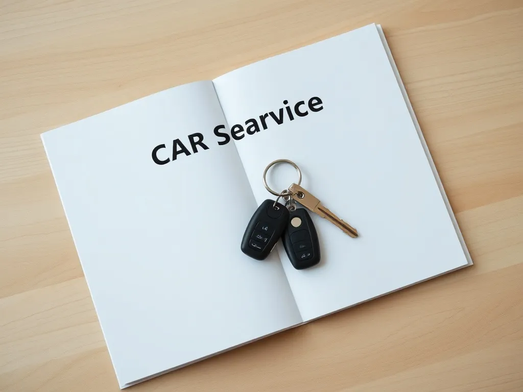 A minimalist overhead shot of a car service book and a set o
