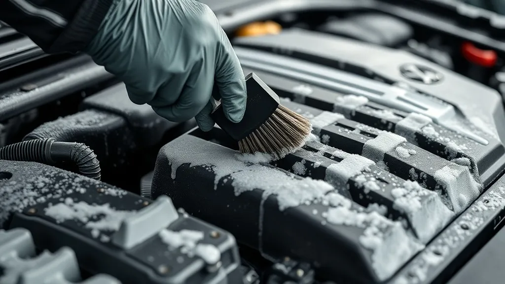 Professional car detailer using a brush on a car engine, foa
