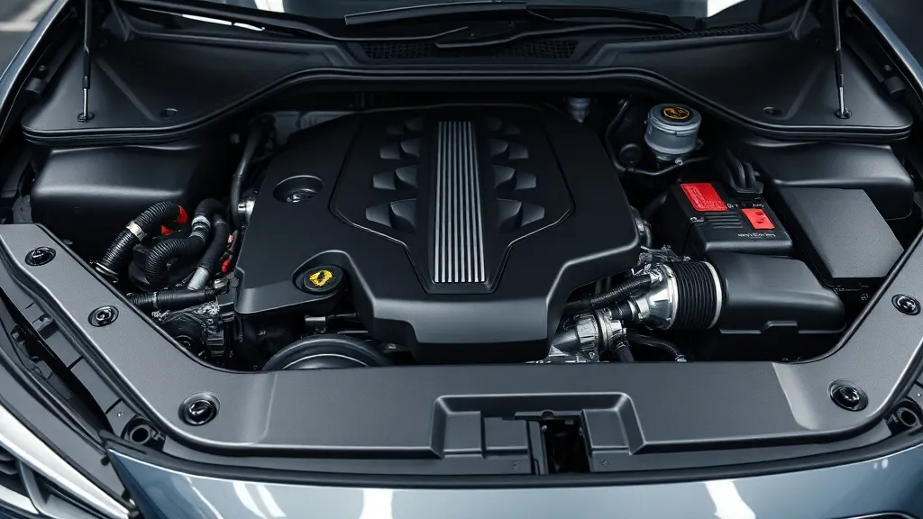 Close-up of a clean modern car engine bay, technical lightin