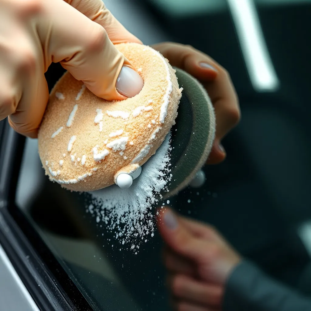 Detailed macro shot of a car window being treated with a pol