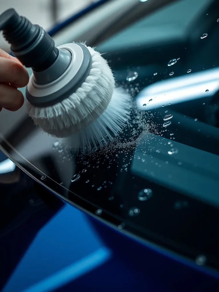 Close-up of a high-end car windshield being polished with pr