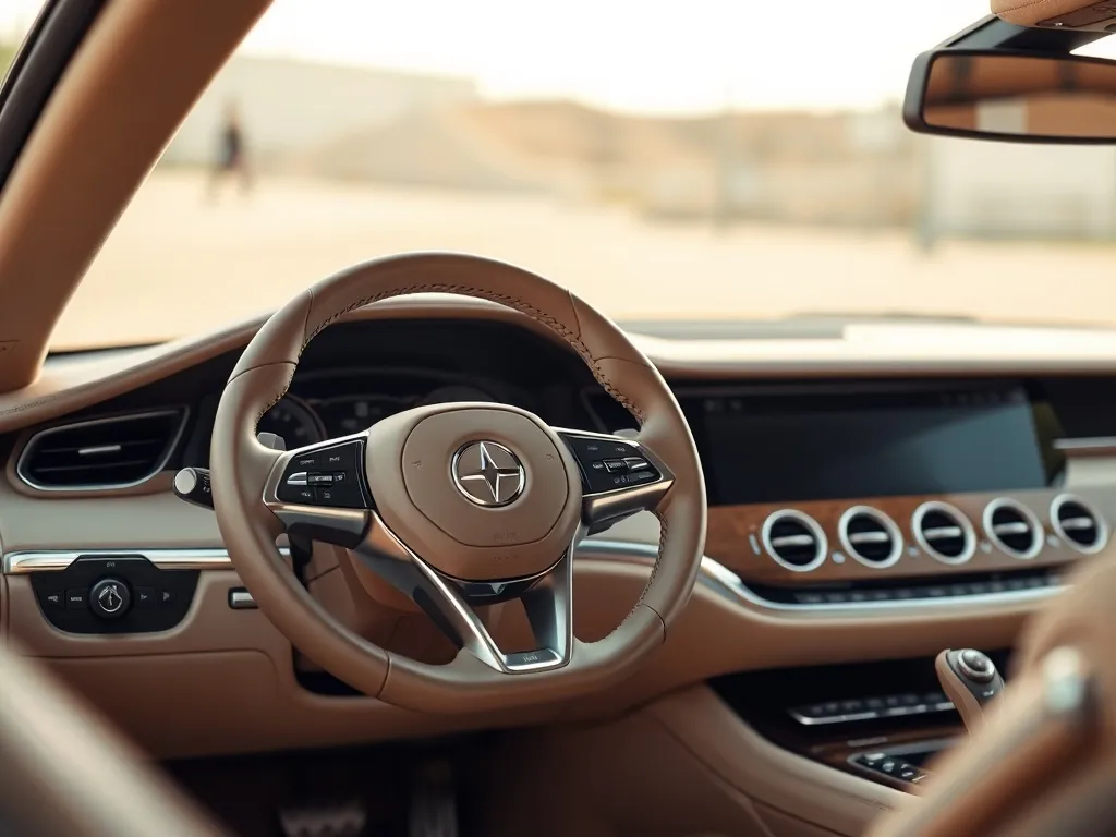 Close-up of a luxury car interior dashboard and steering whe