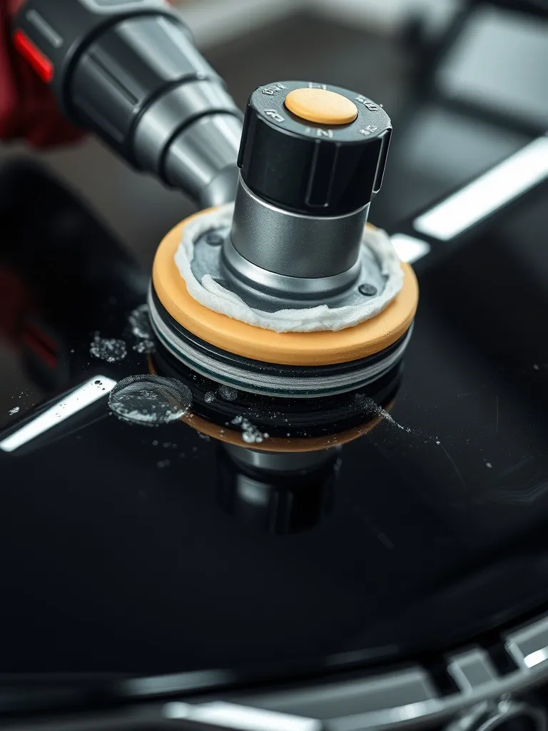 Close up of a professional car polisher tool working on a bl