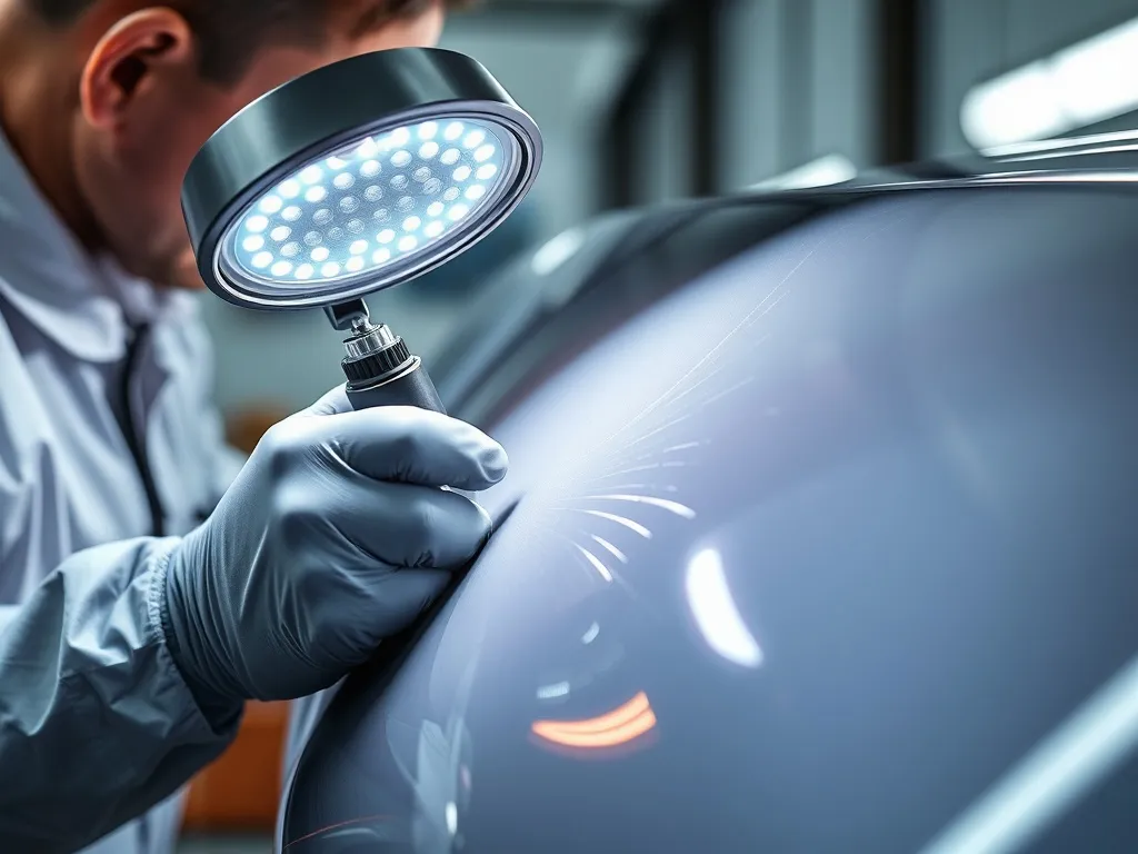 Detailer inspecting car paint with a professional LED lamp,