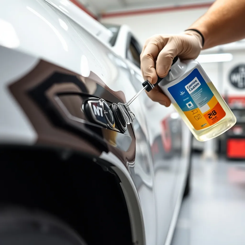 Application of ceramic coating on a car fender, liquid dropl