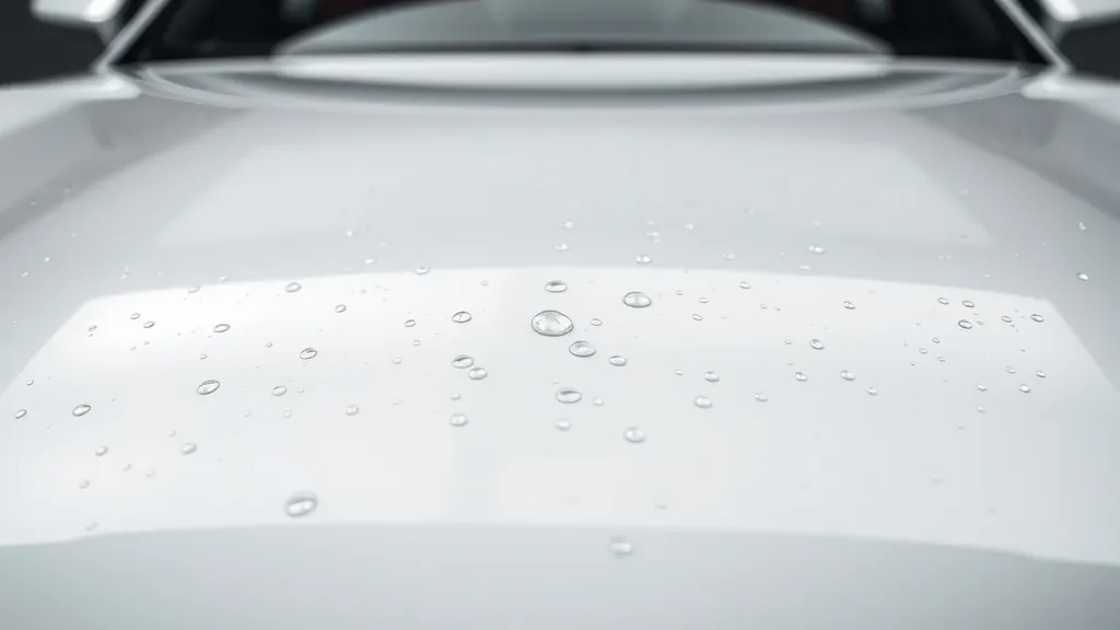 Close up of a luxury car hood with water beads on a ceramic