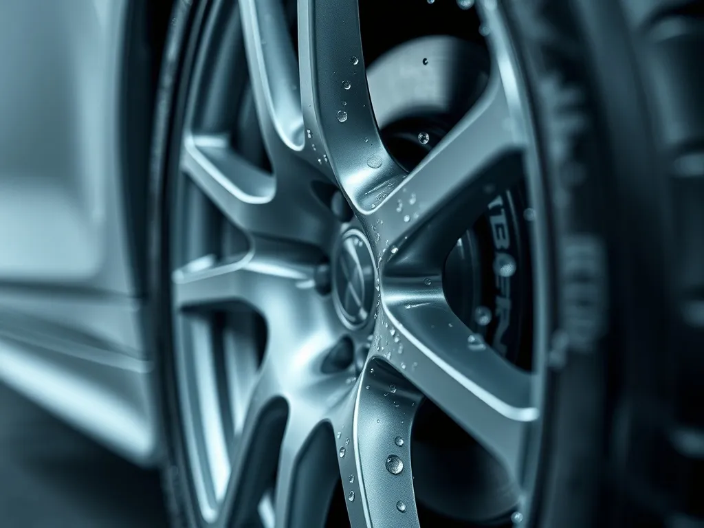 Close-up of a high-end clean car wheel with water droplets,